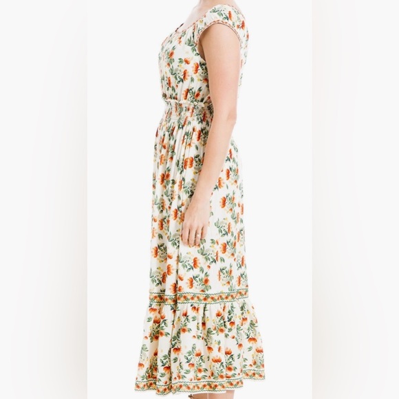 MAX STUDIO - Floral Smocked Maxi Dress White Green and Orange Print Size Small - Picture 2 of 5